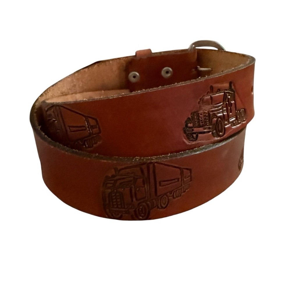Vintage Tooled Transport Truck Brown Leather Belt Size 36 Removable Buckle USA - Picture 4 of 15